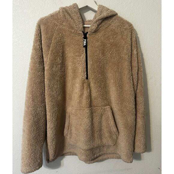 Pink Women's Sherpa Style Pull-Over Hoodie Tan Size L - Picture 1 of 8